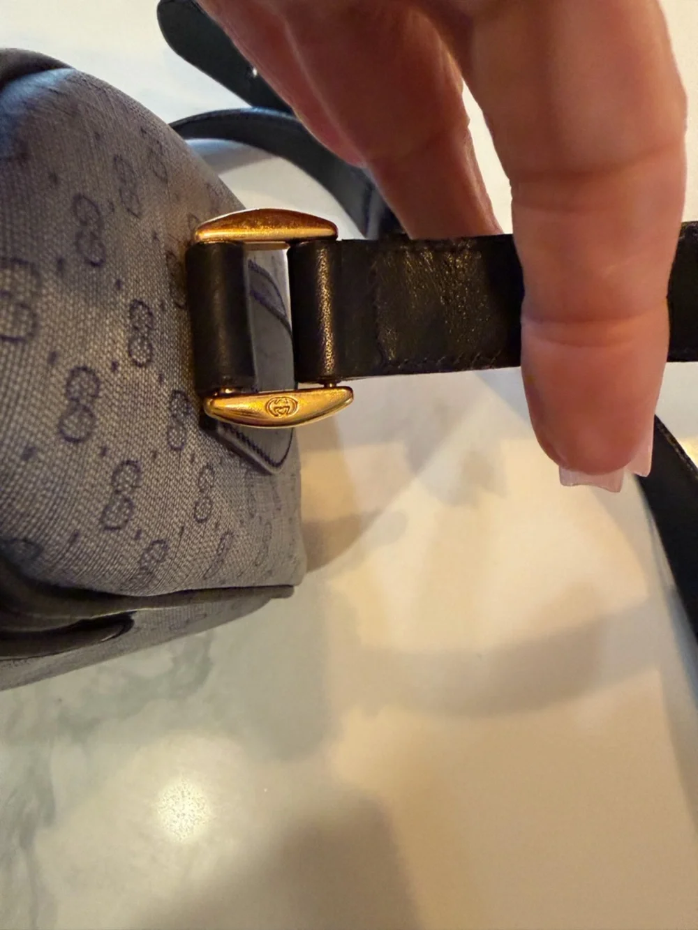 Gucci Blue Leather and Beige/Gray GG Monogram Shoulder Bag - Picture 6 of 14